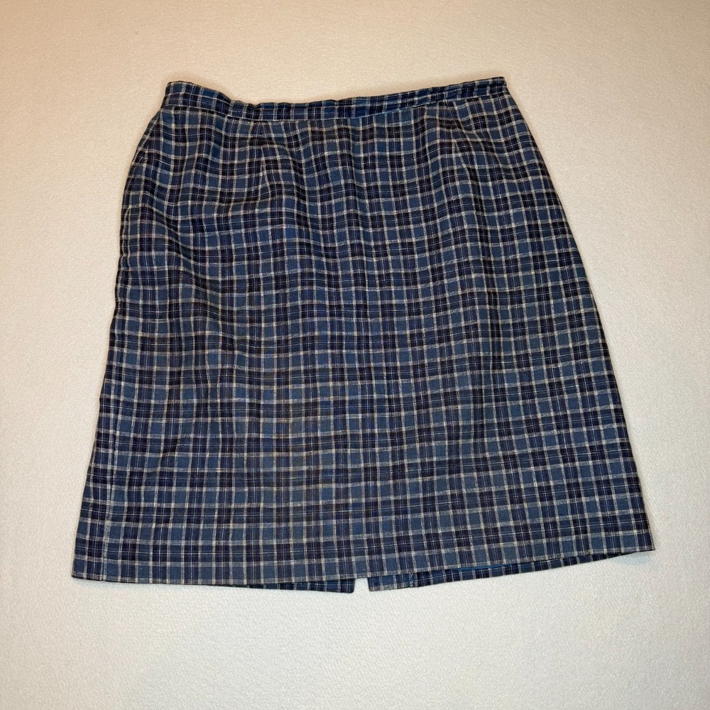 Adolfo Studio 18 Skirt Women Blue Plaid Linen Cotton Blend Dark Academia Preppy